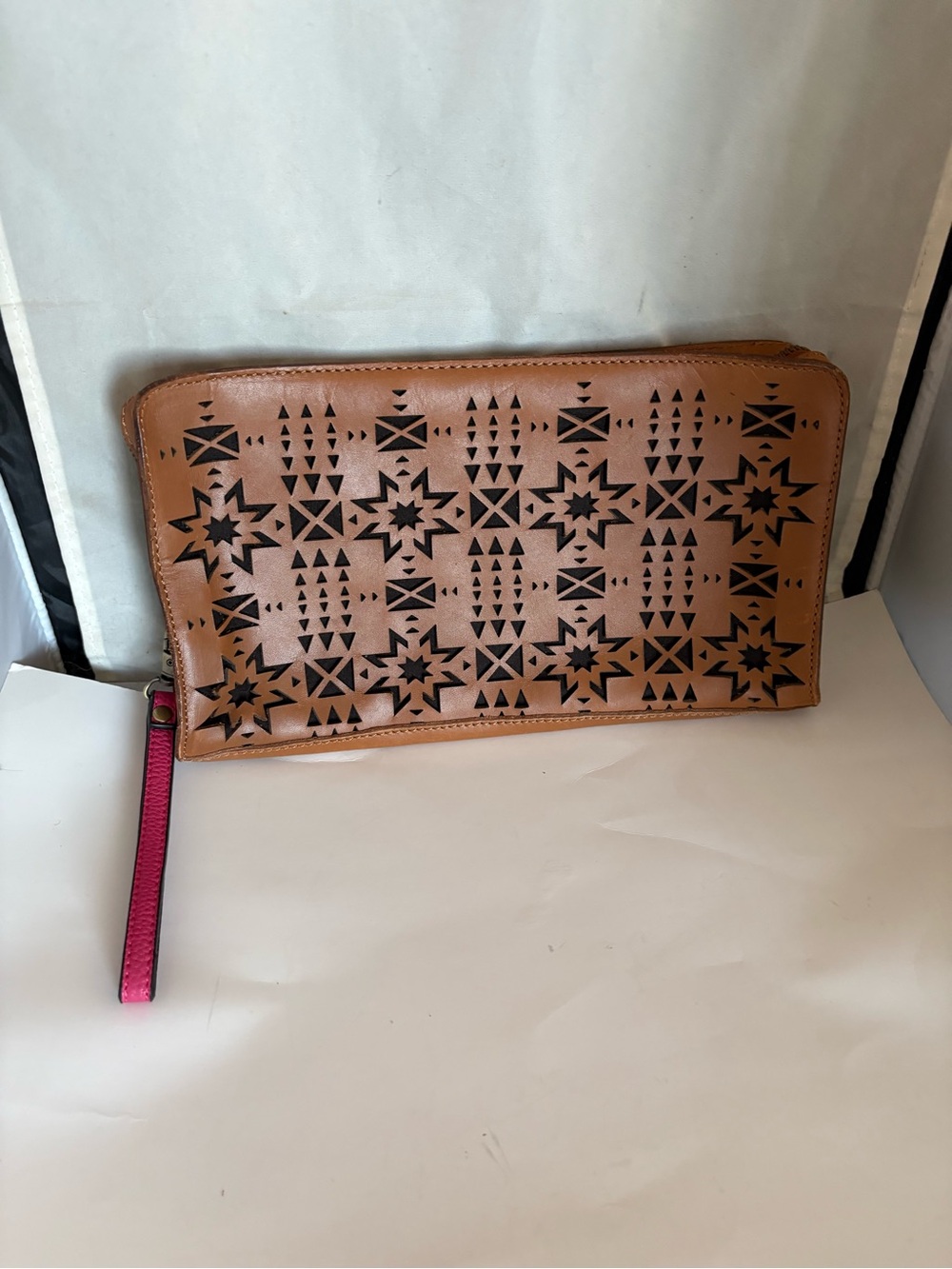 Pendleton Tan Laser-Cut Leather Wristlet with Black Pattern and Pink Strap *Mod*